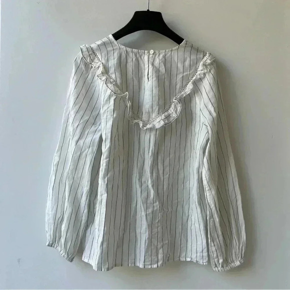 Madewell Ruffle-Yoke Prairie Top - Pinstripe Black and White - Size S - Picture 5 of 9